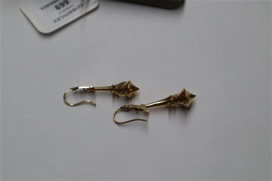 A near pair of ornate 19th century yellow metal drop earrings, 48mm & 52mm.